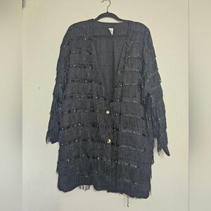 Vintage Black Studded All Over String Fringe Jacket Made in Nepal Size Large
